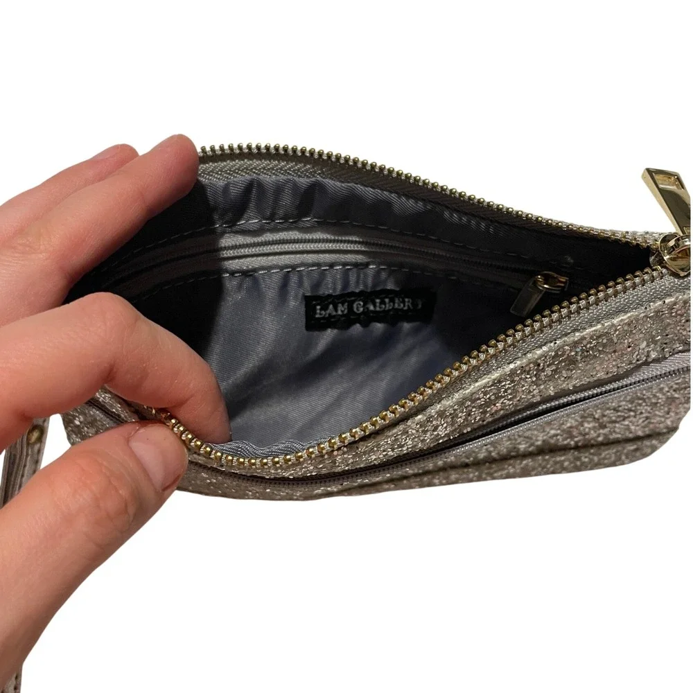Lam Gallery Silver Glitter‎ Wristlet Clutch Evening Bag with Exterior Zip Pocket